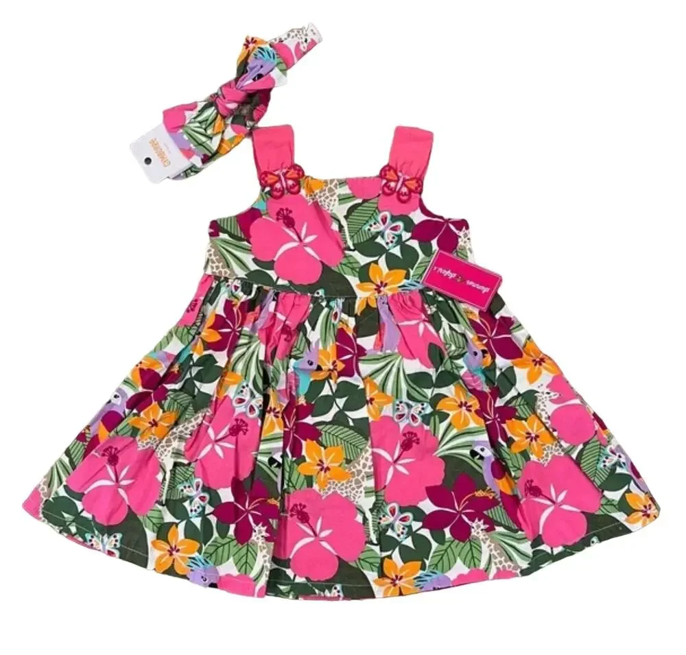 NWT Gymboree Pink/Green/Orange Tropical Flower Dress & Headband -18-24 Months